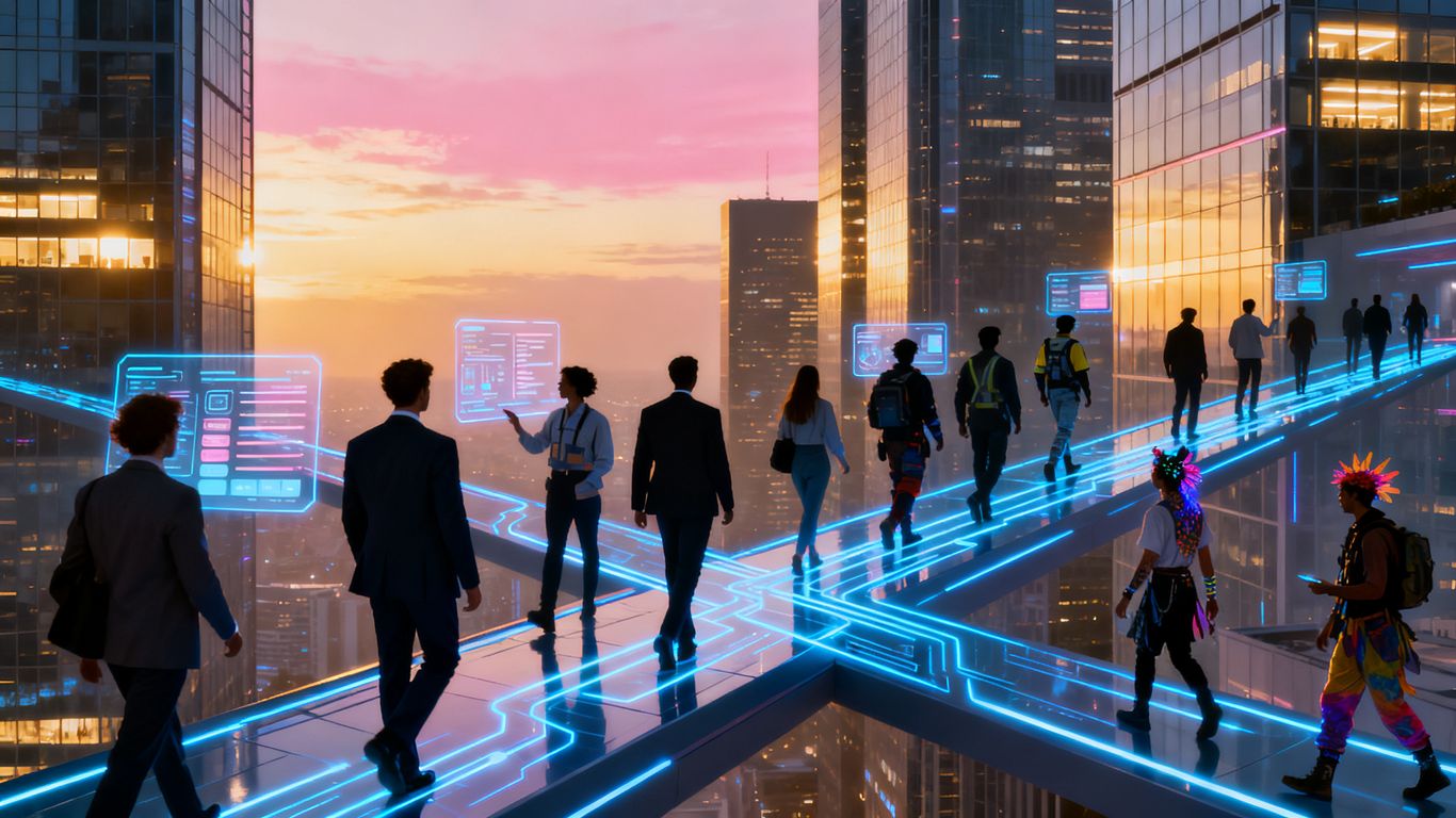 Futuristic cityscape with professionals and digital pathways.