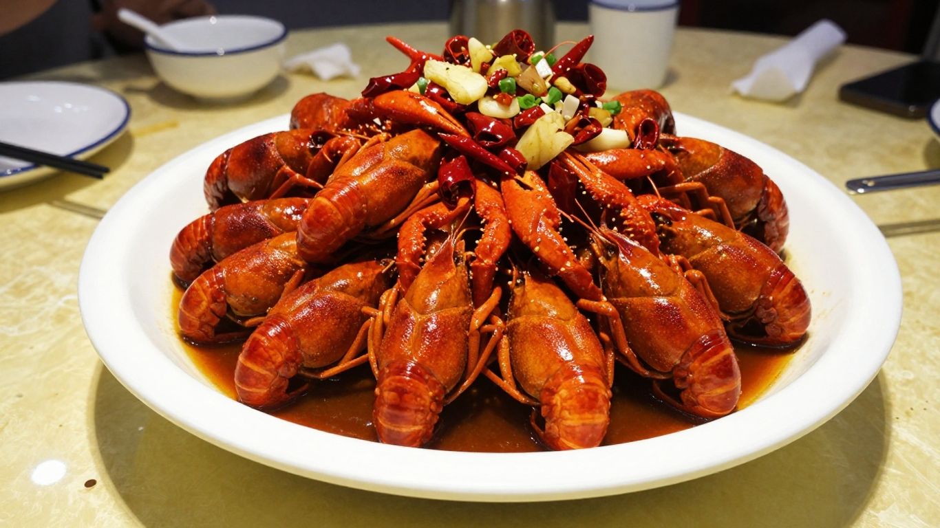 Spicy crayfish piled with red chilies