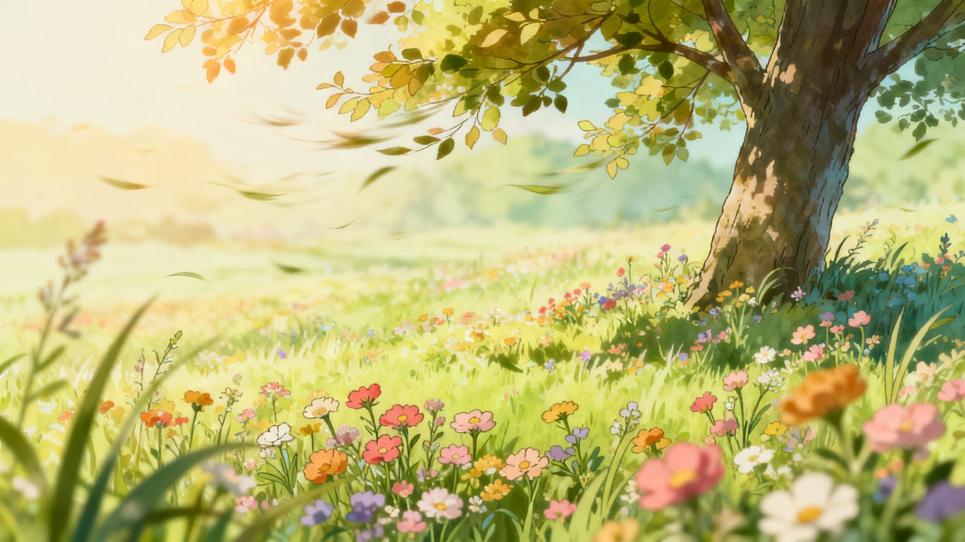 Peaceful meadow with wildflowers and gentle breeze.