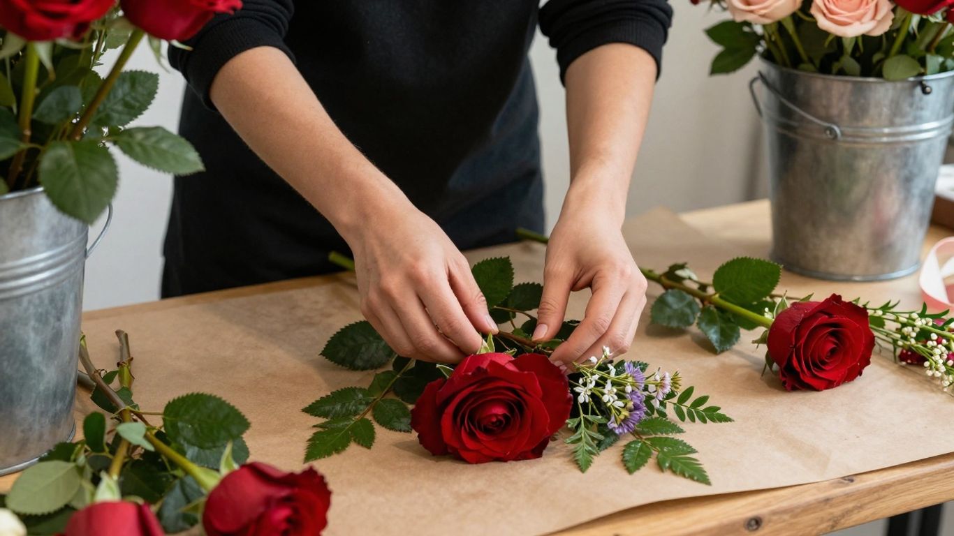 Florist preparing a fresh romantic bouquet
