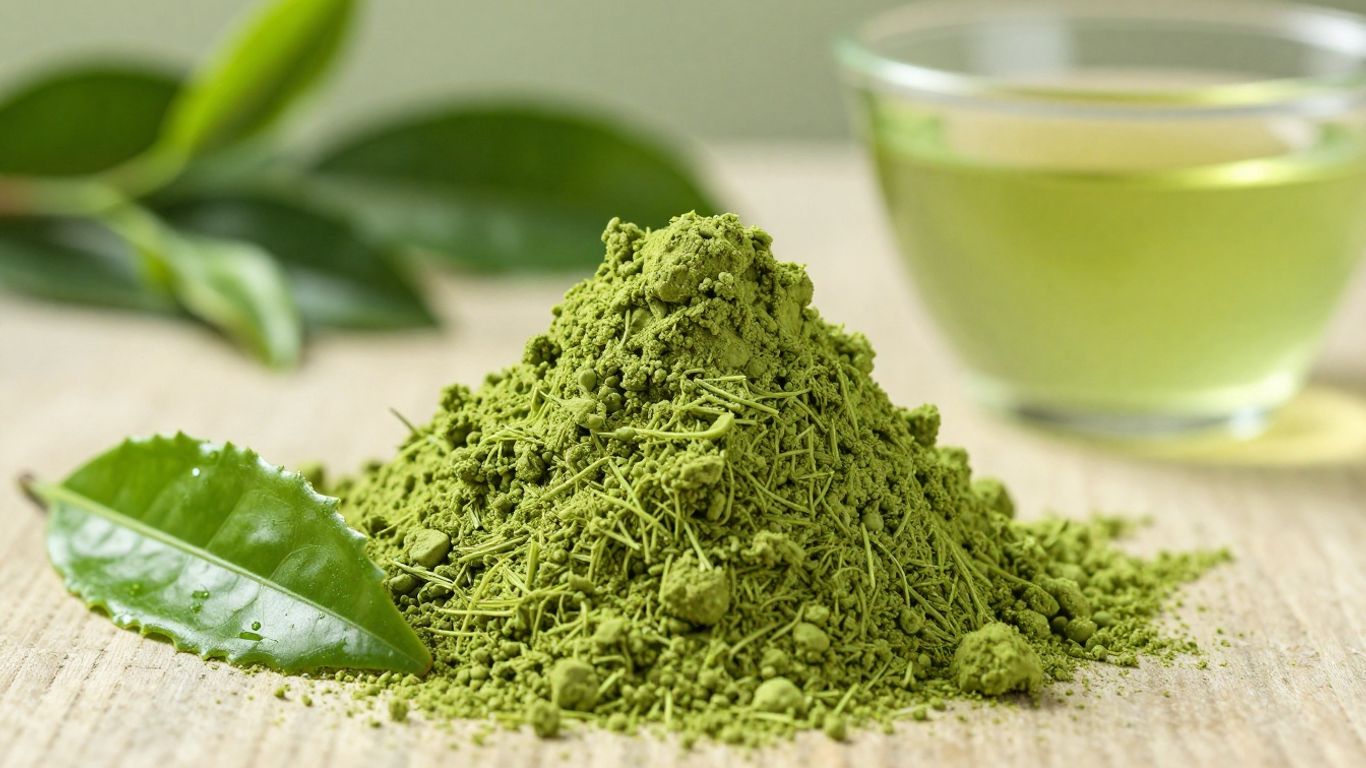 Matcha tea powder and a fresh green tea leaf.