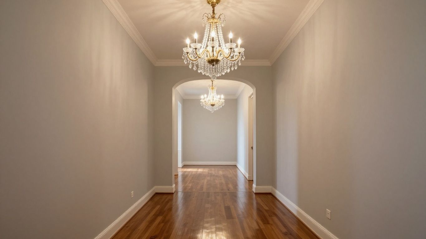 Elegant hallway with a sparkling crystal chandelier.