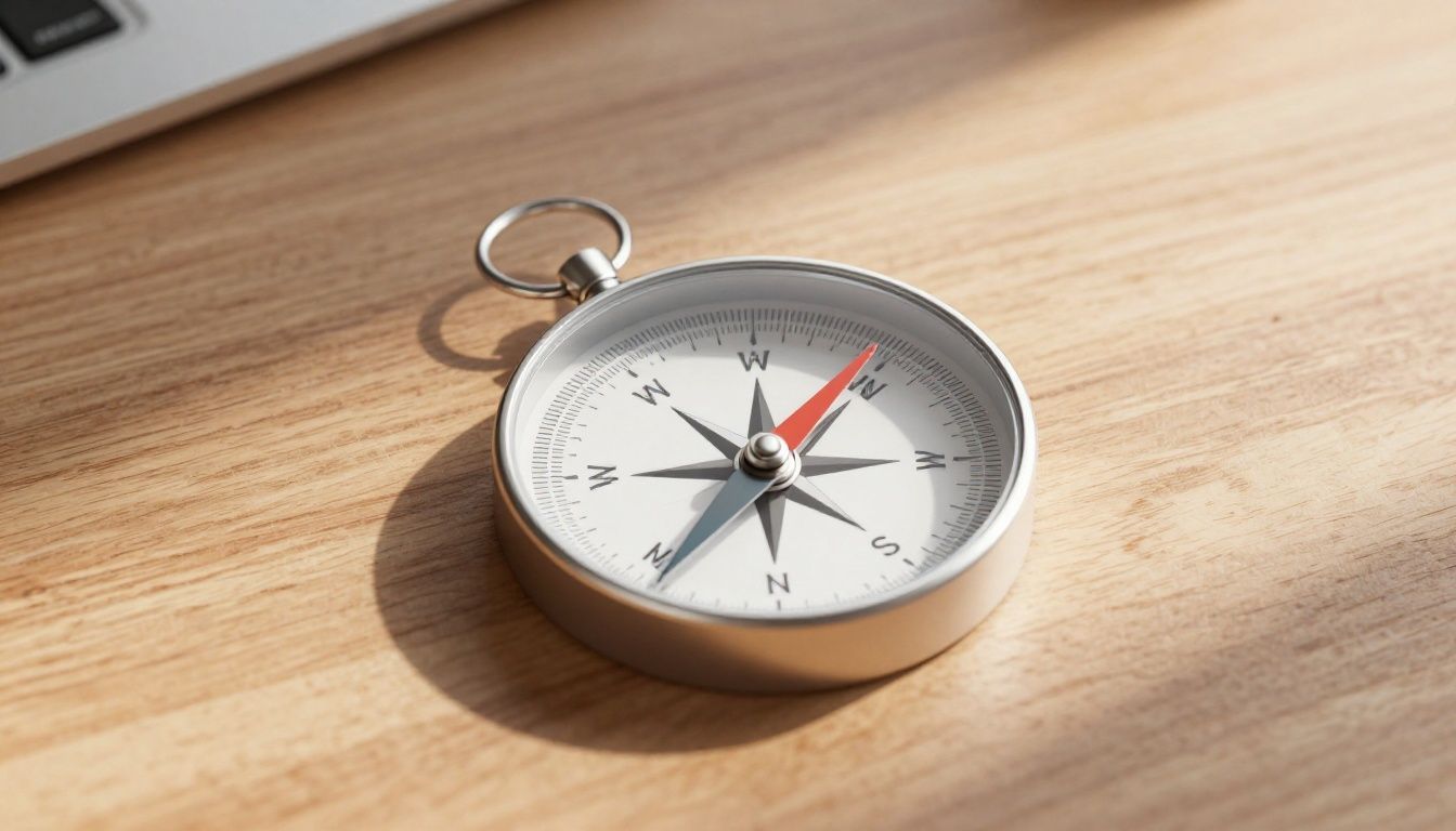 A minimalist, high-quality illustration of a modern, multi-directional compass resting on a wooden desk, symbolizing balance and intentional life direction, with soft natural light and a clean, professional aesthetic suitable for an article about balanced growth and life design.