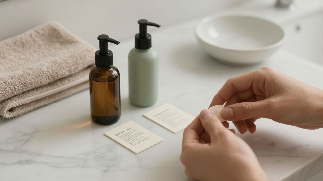 Hands comparing lubricant packages on a clean bathroom counter