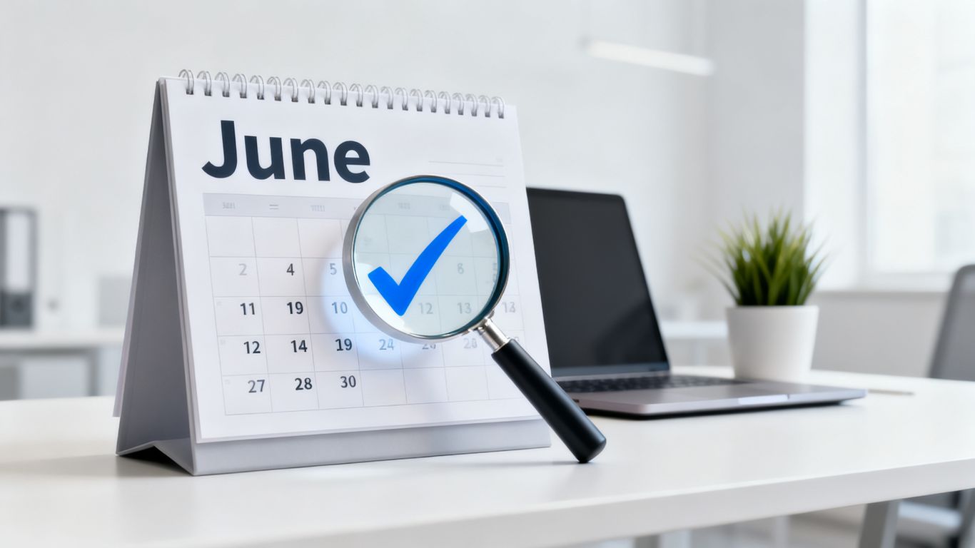 June calendar with a checkmark and magnifying glass.