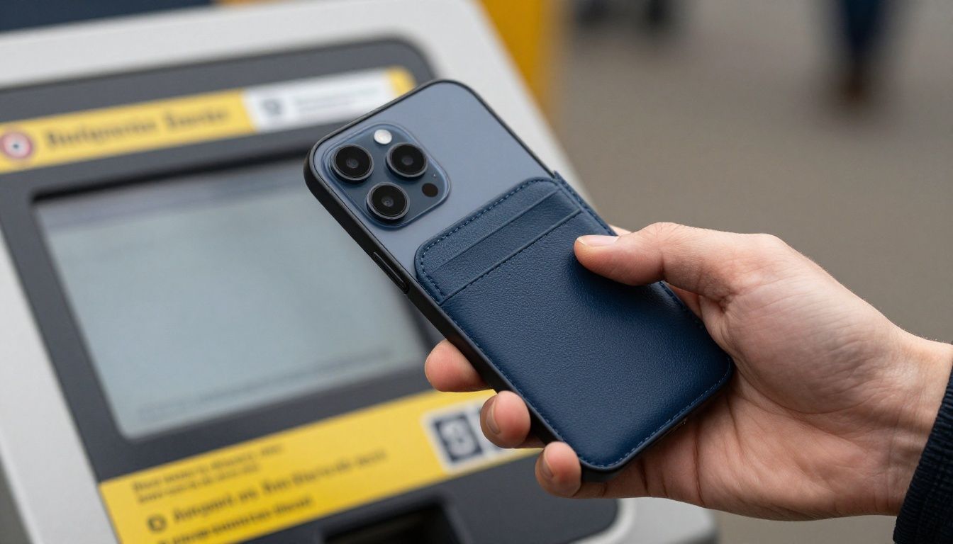 A close-up of a person's hand holding an iPhone 17 Pro Max in a dark blue wallet case, tapping it against a public transport payment terminal in an Australian city.