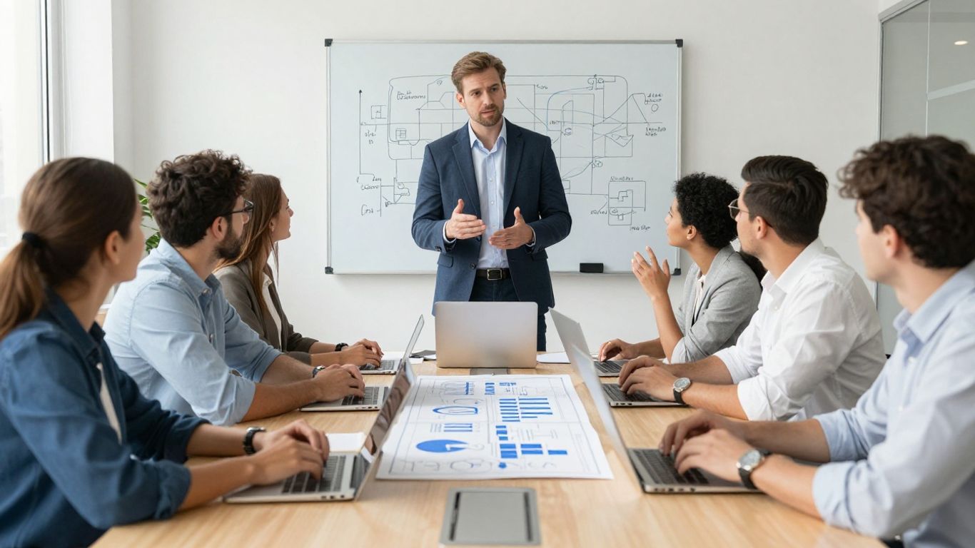 Tech executive leading a strategic business meeting with professionals.