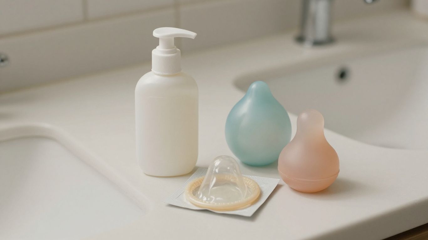 Lubricant bottle beside condoms and toys