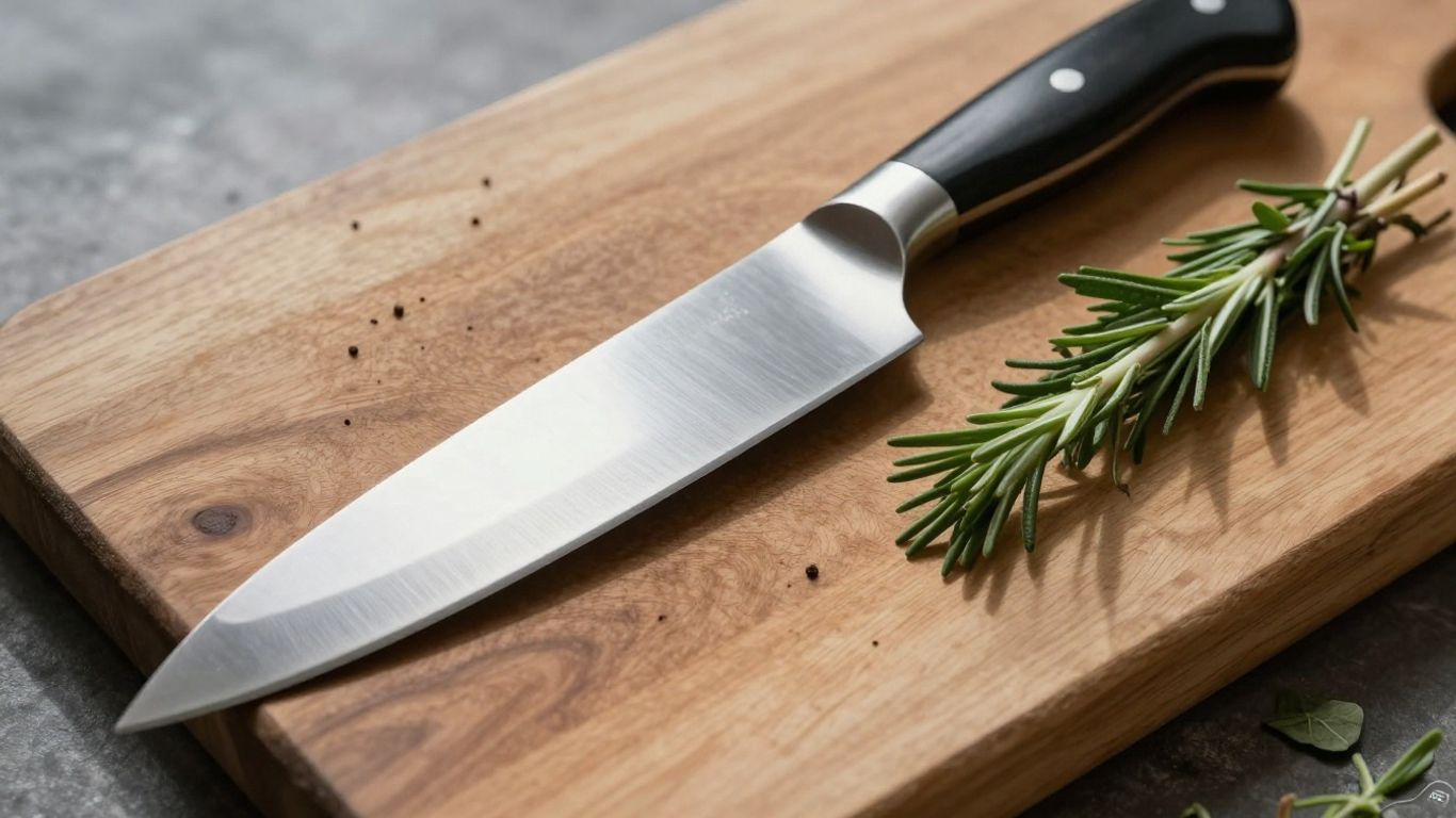 High-quality chef's knife on a wooden cutting board.