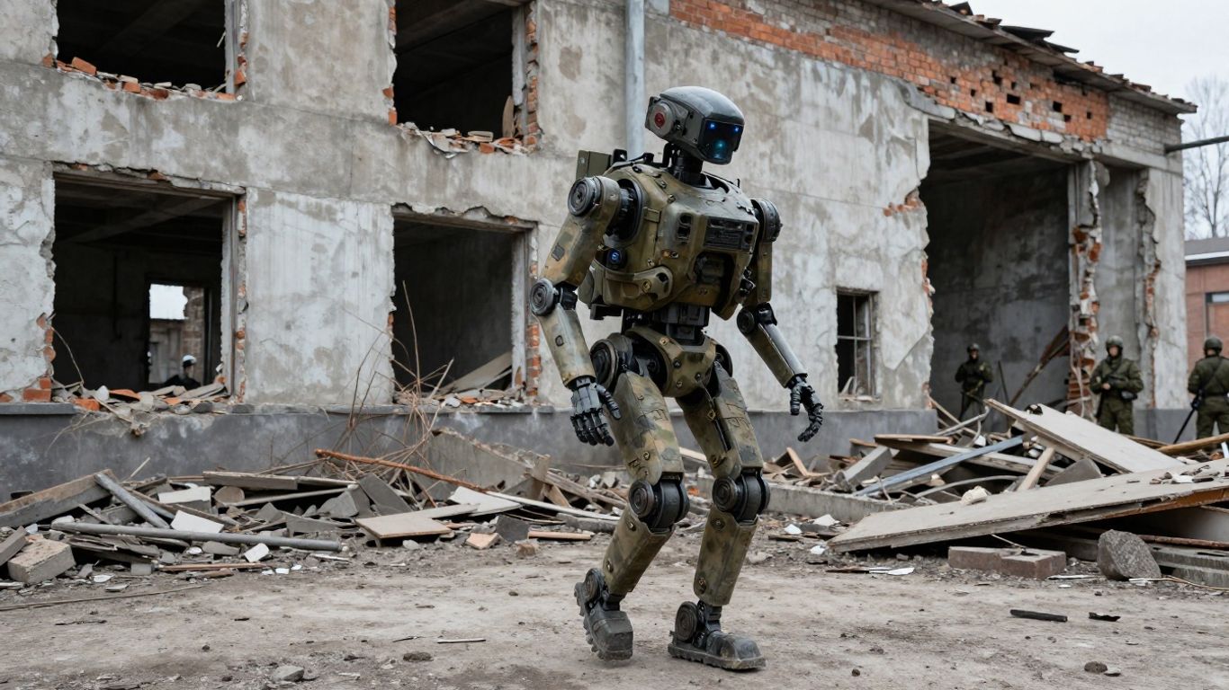 Humanoid robot navigating a damaged Ukrainian building