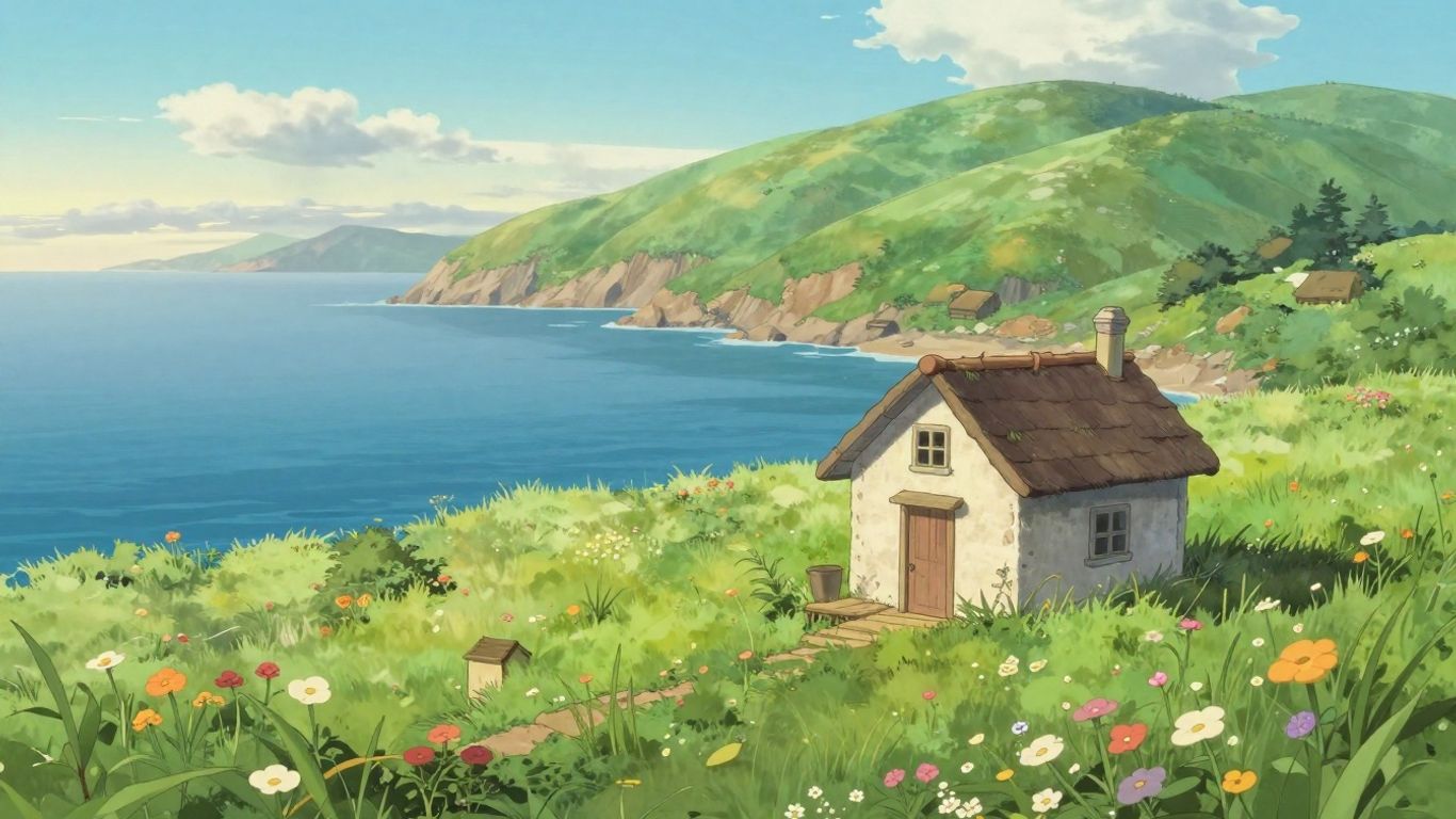Peaceful coastal landscape with a Ghibli-inspired cottage.