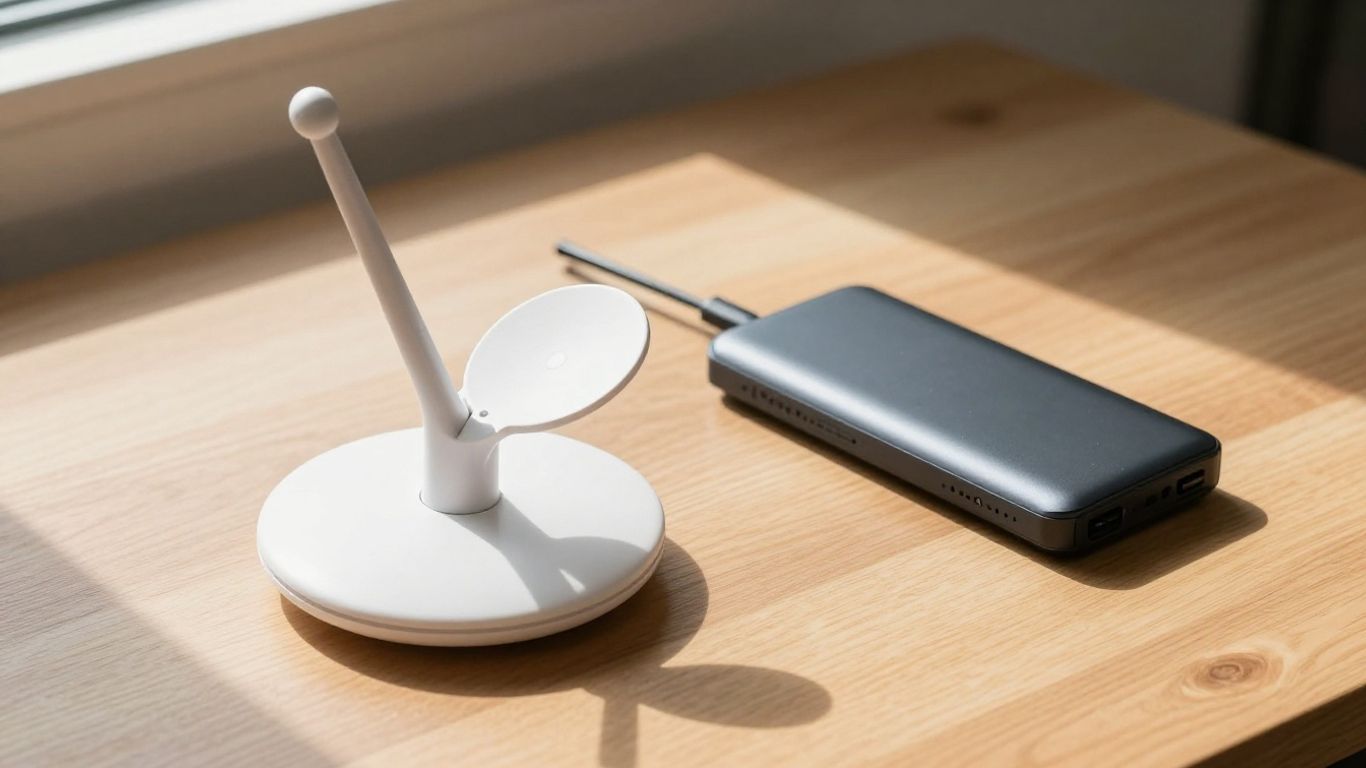 Starlink Mini dish and power bank on table