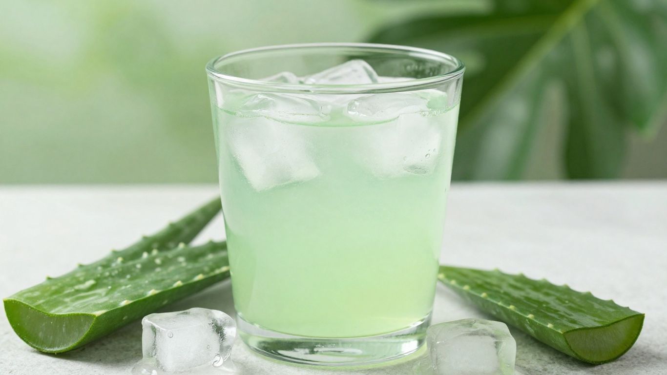 Herbalife Aloe Plus drink with aloe leaf and ice.