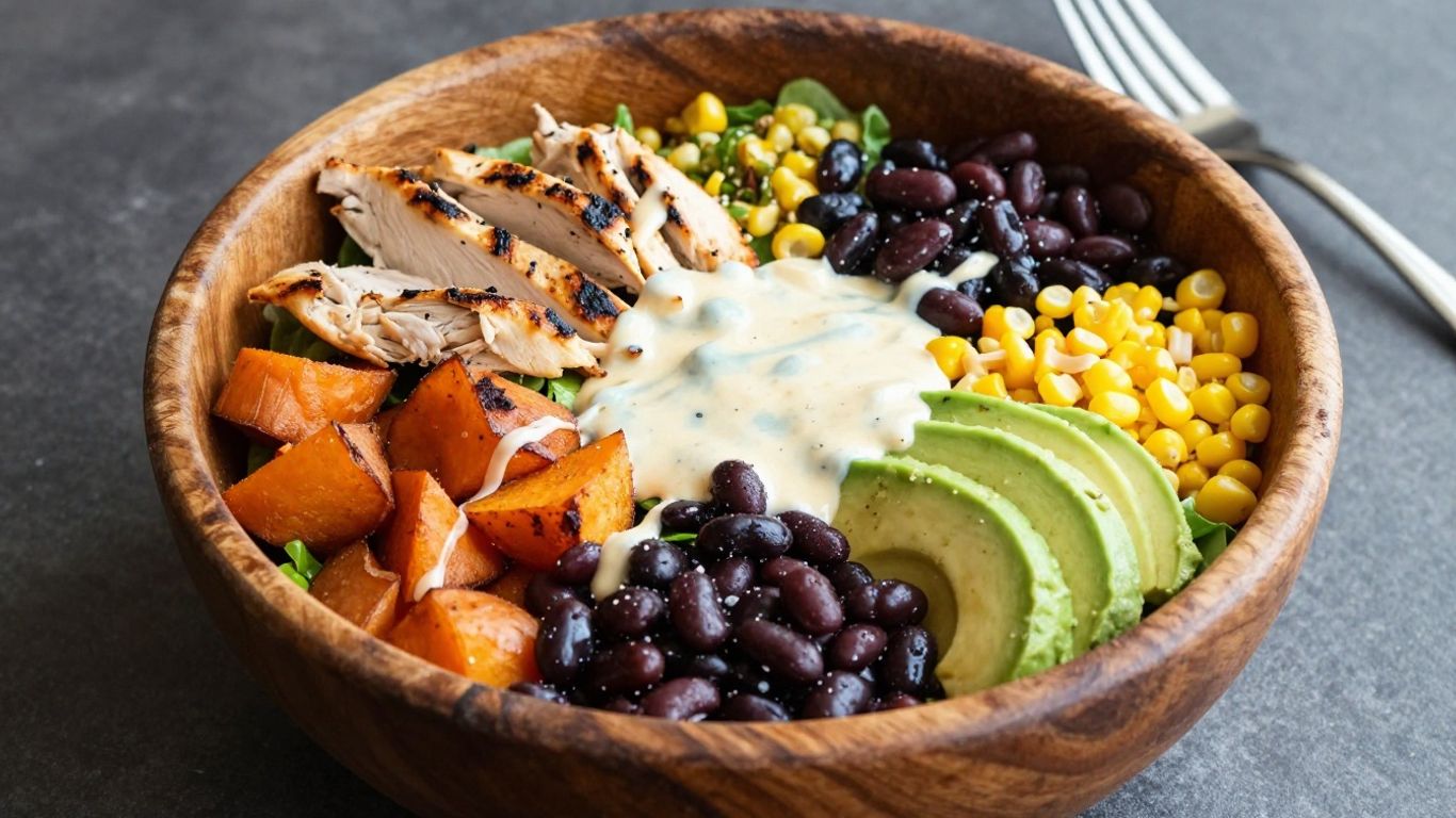 Hearty salad bowl with chicken, vegetables, and dressing.