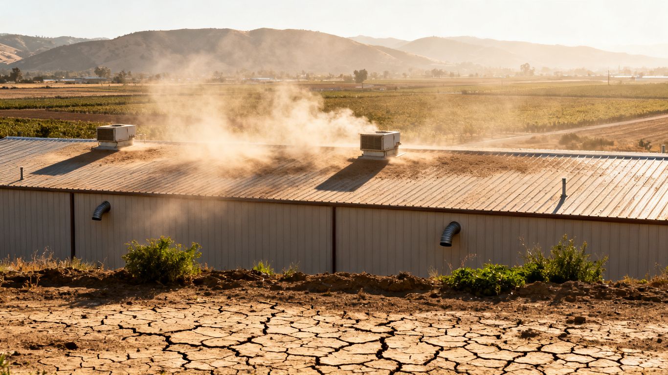 Warehouse roof under Central Valley sunlight