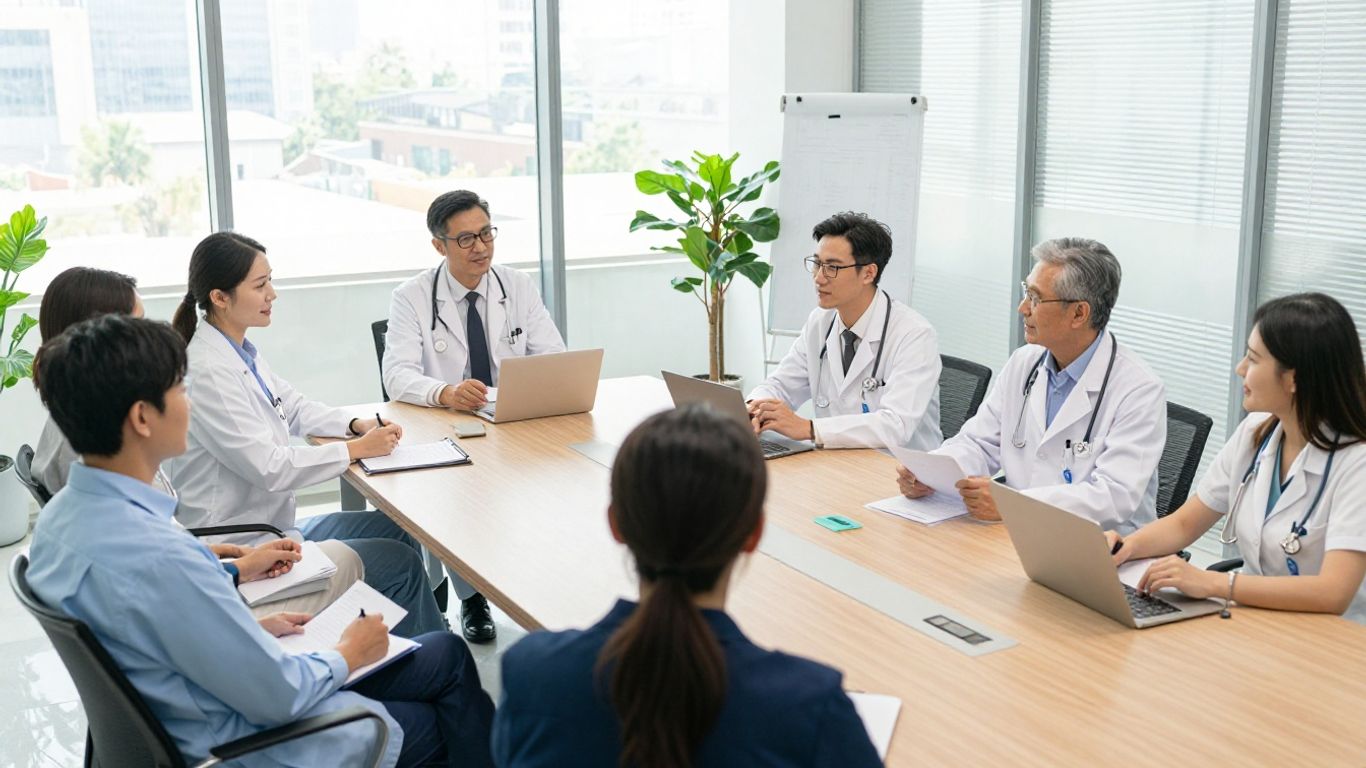 Healthcare professionals collaborating in a bright conference room.