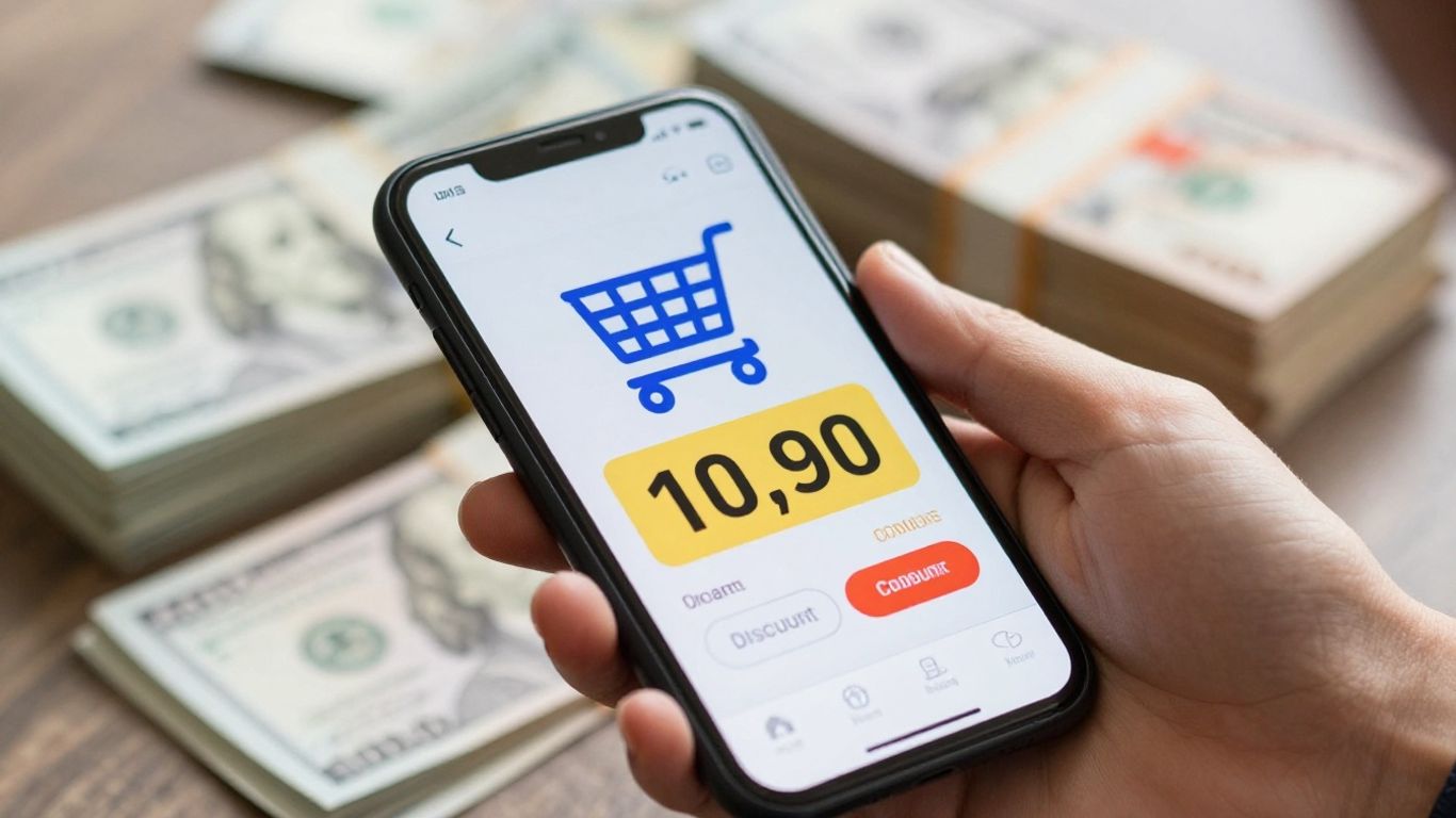 Smartphone displaying SARMs discount code with money background.