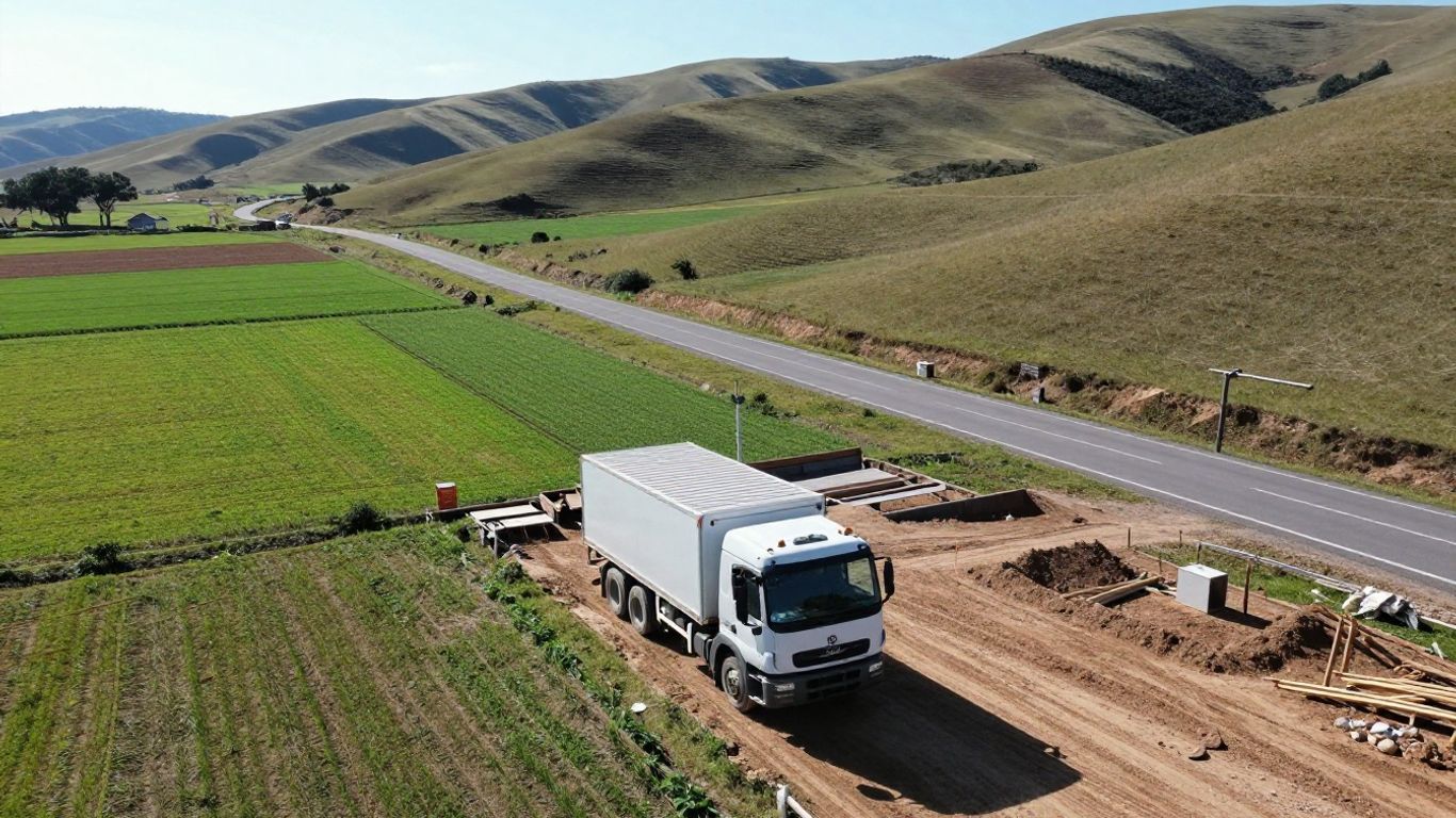 Rural landscape with contractor truck, symbolizing business expansion.