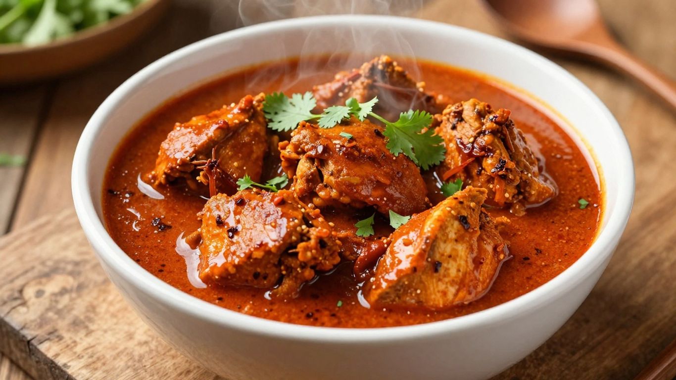 Spicy Indian chicken curry in a bowl with cilantro garnish.