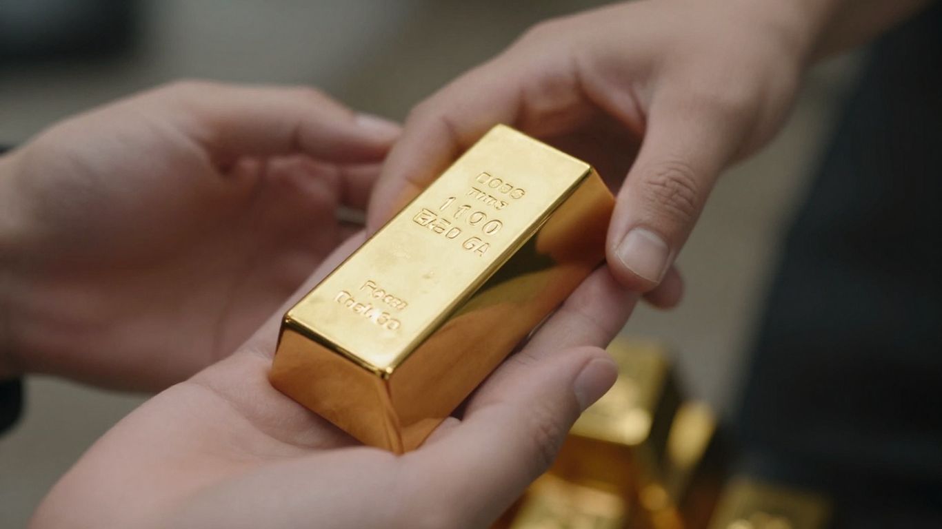 金手握着闪闪发光的金条。