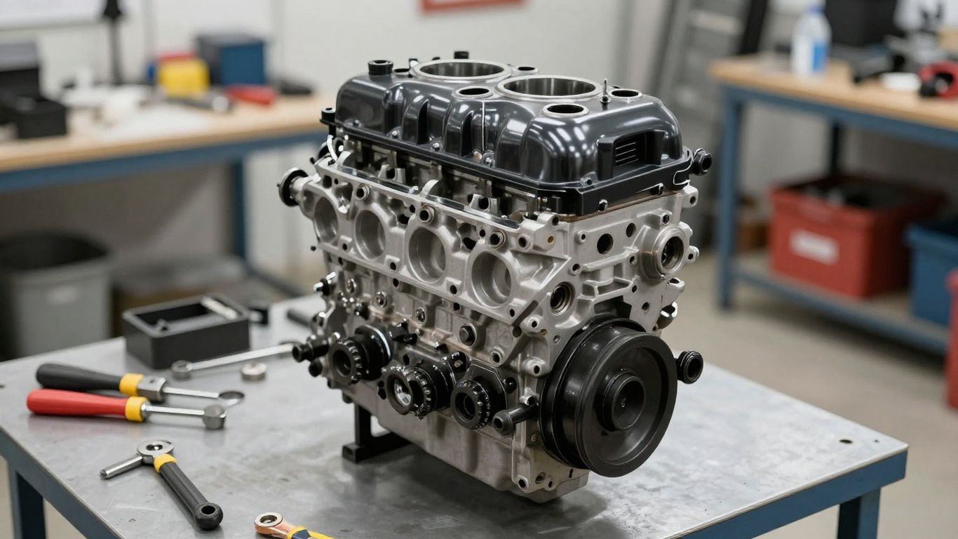 Reconditioned engine in a workshop, ready for installation.