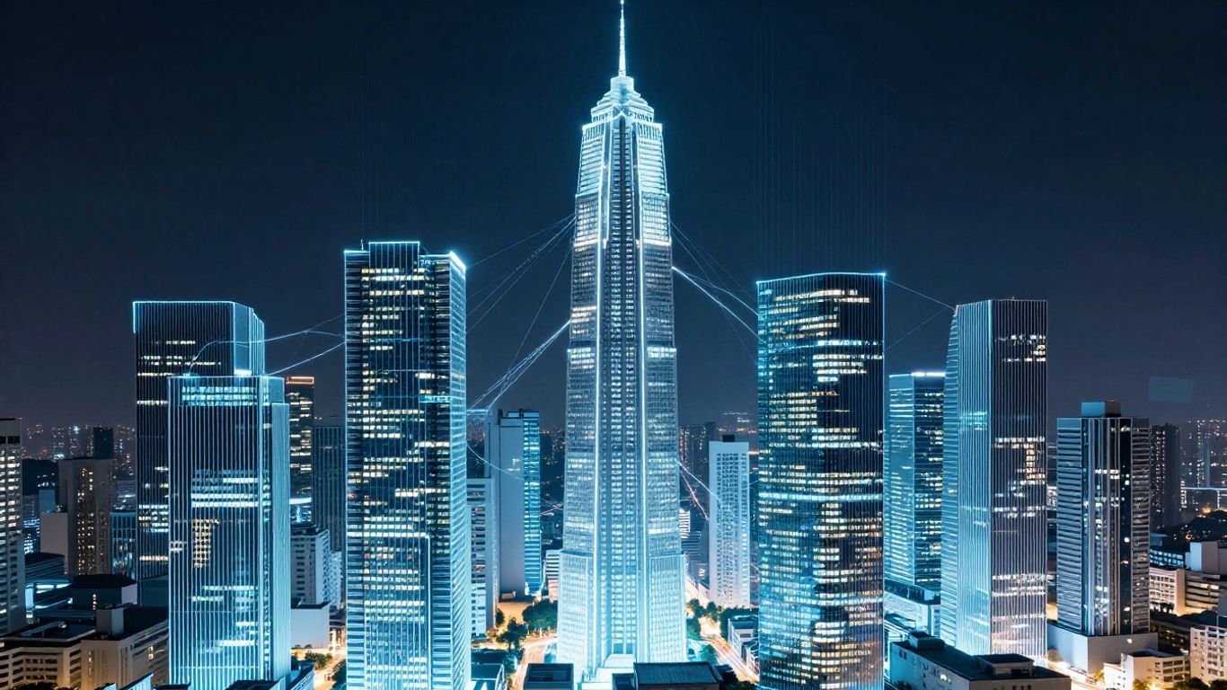 Clean code forming digital cityscape with data streams.