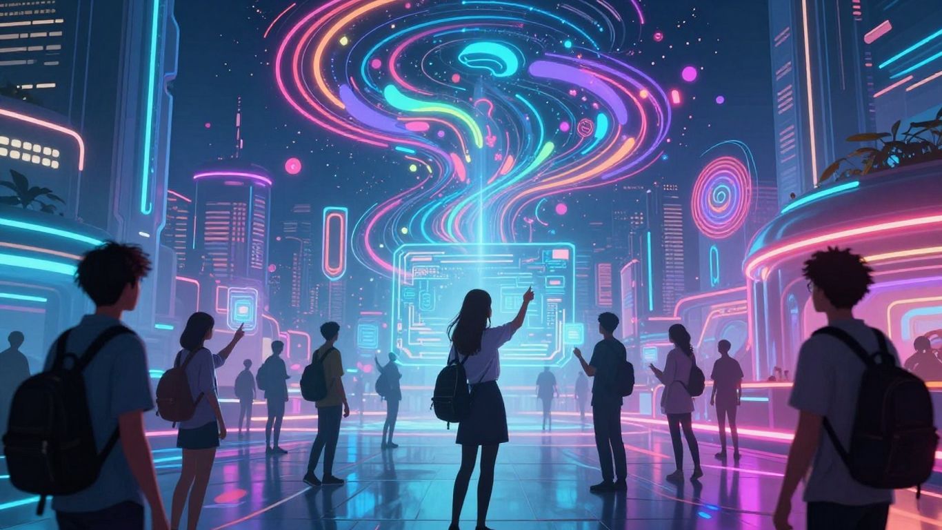 Futuristic cityscape with digital art and holographic interfaces.