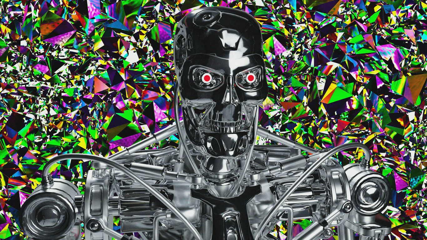 A digital image of a man with a robot face