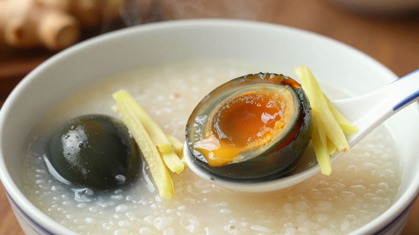 A sliced century egg beside congee