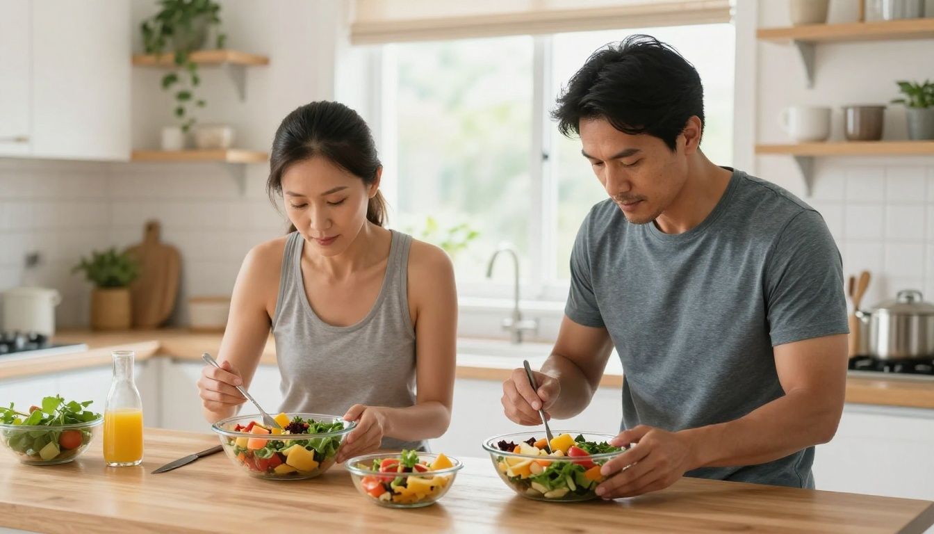 A diverse man and woman in their 40s, looking focused and healthy, preparing a nutritious post-workout meal in a bright, modern kitchen. Natural light fills the scene.