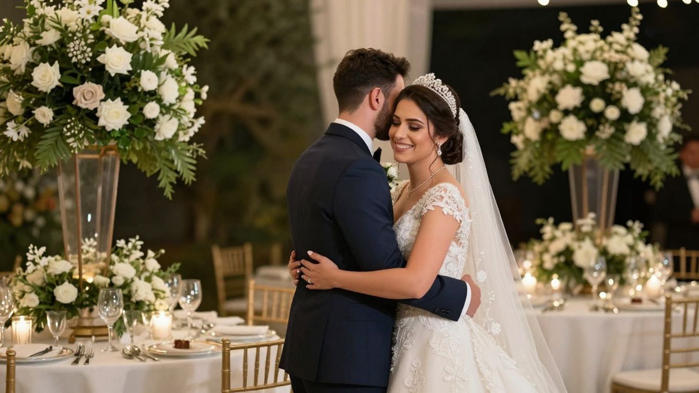 Happy couple in a beautifully decorated wedding venue.