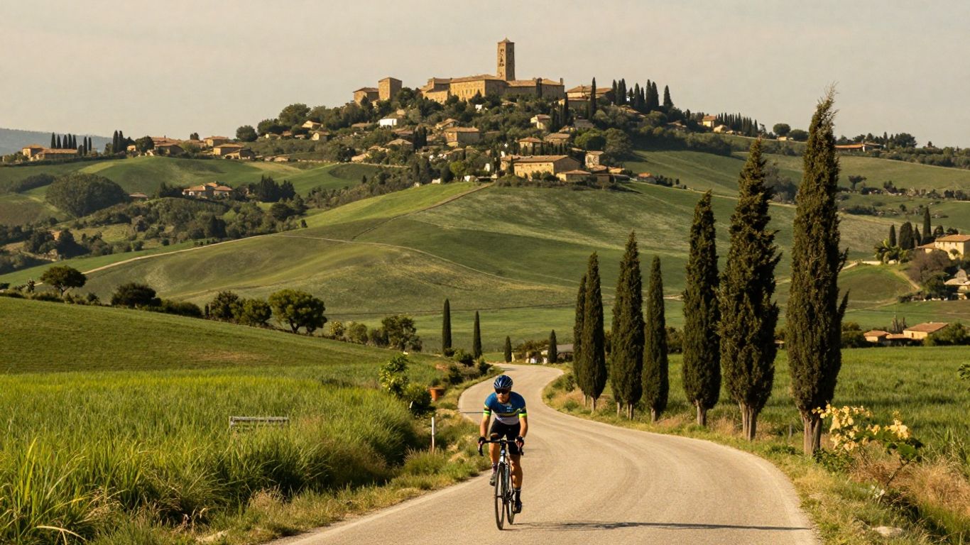 Road cyclist above rolling Marche hills