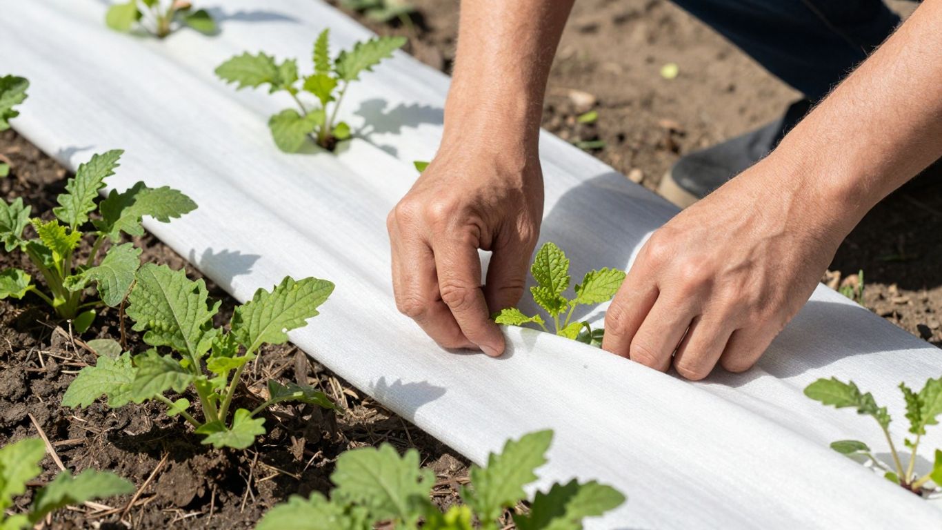 Gartenvlies über jungen Pflanzen im Garten