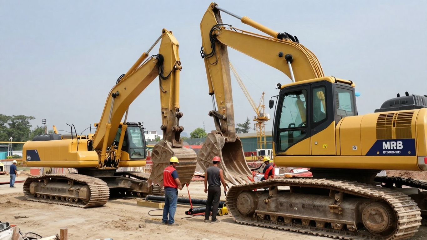 Utility construction site with heavy machinery and workers.