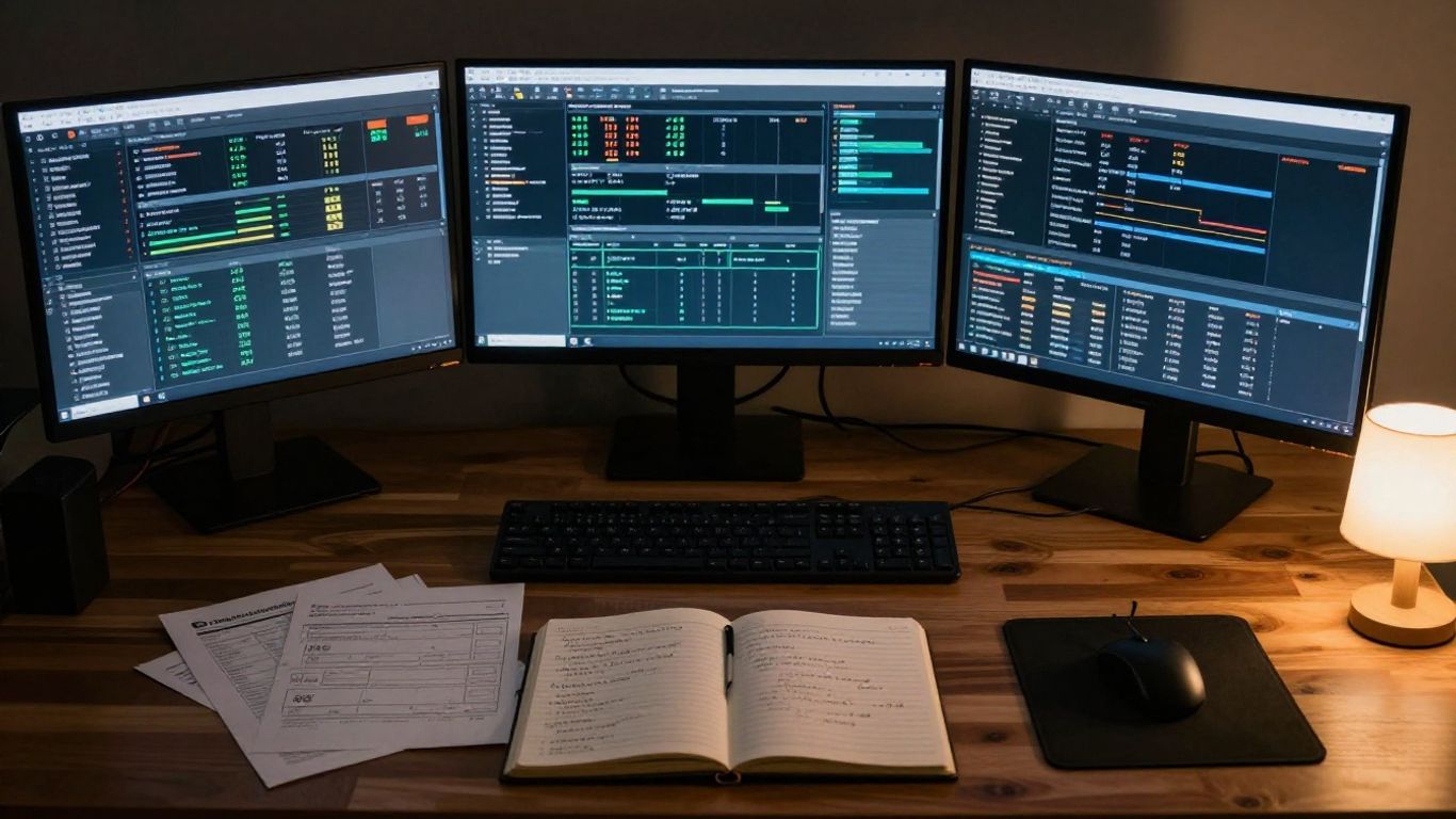 A busy office desk with multiple screens and documents