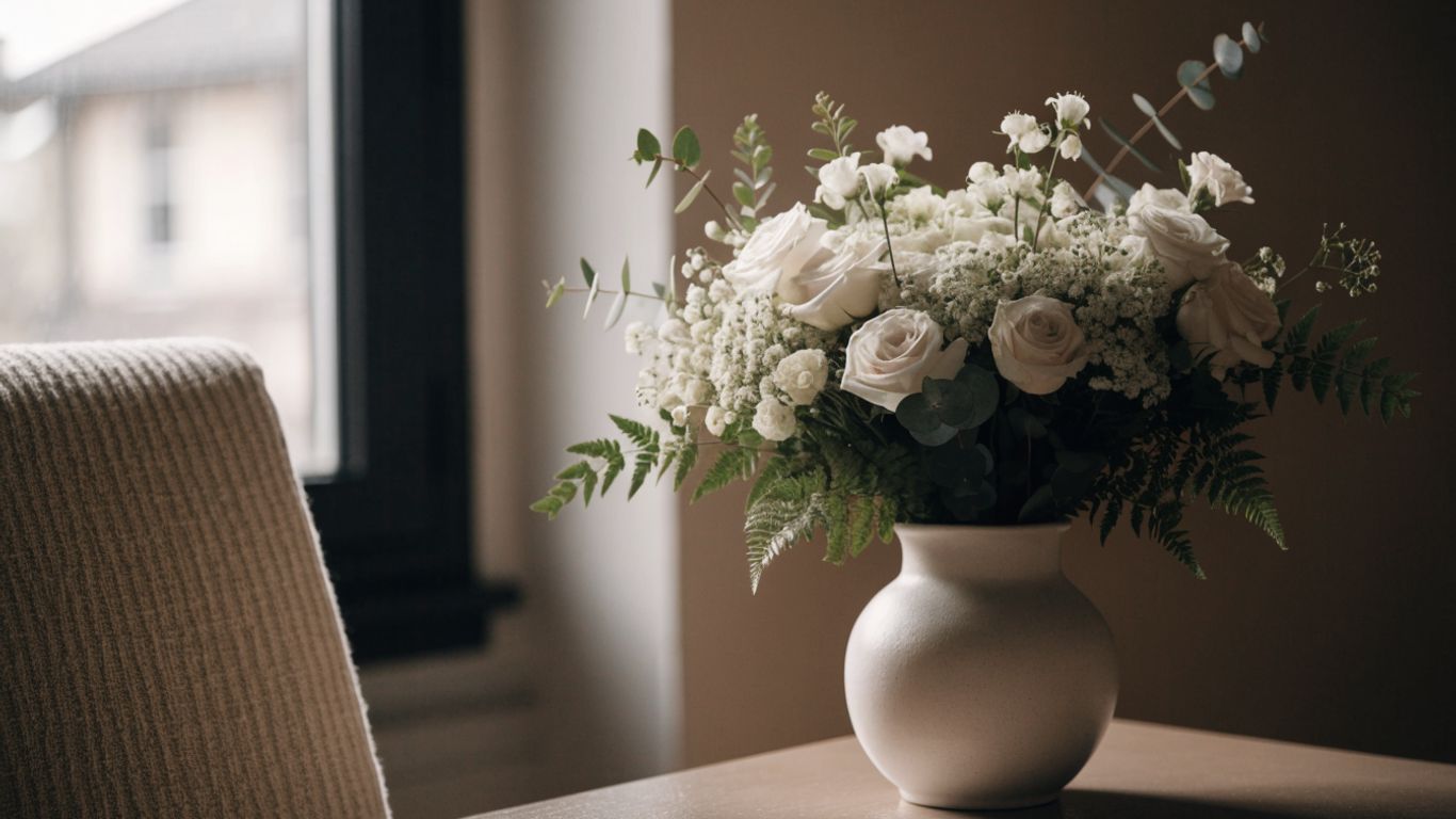 Soft sympathy bouquet resting in a quiet home