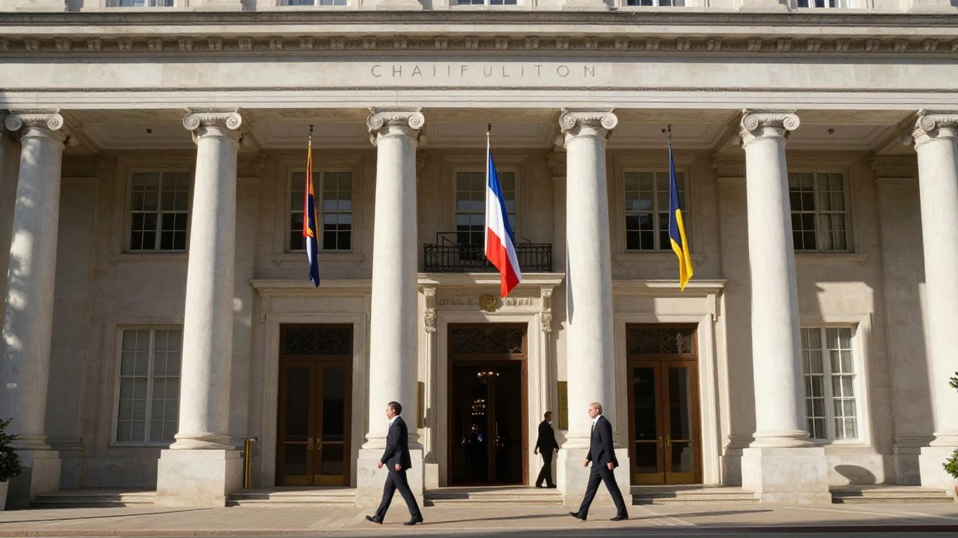 Clădire guvernamentală cu coloane și steaguri.