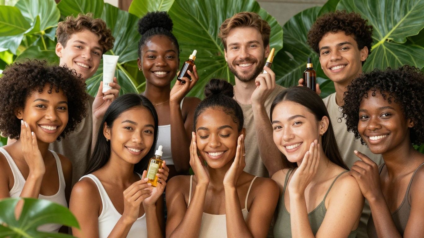 Diverse people holding natural skincare products.