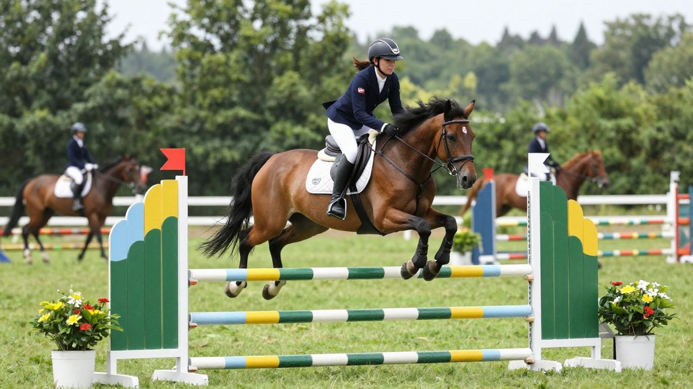 Young rider and pony jumping at equestrian event.