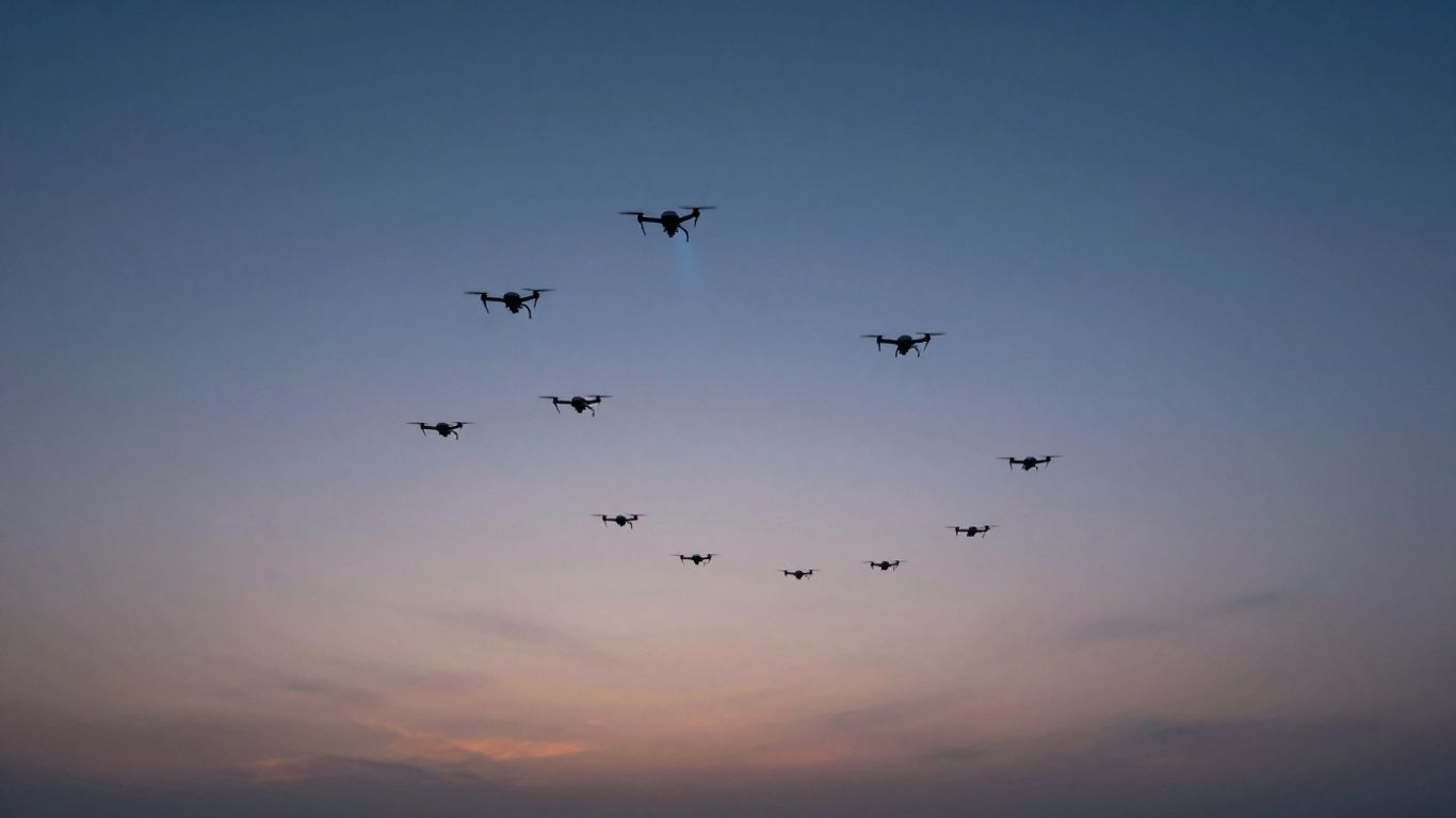 Drones flying in formation at dusk.