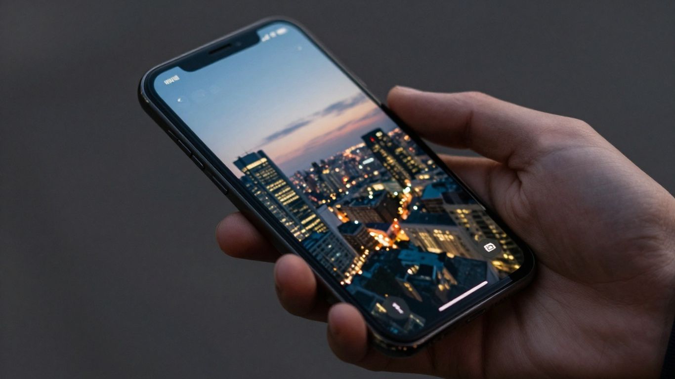 Hand holding smartphone with cityscape reflection.