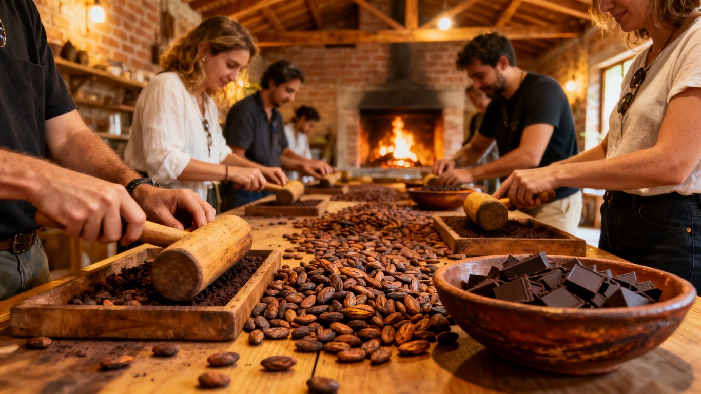 Cacao workshop with roasted beans and handmade chocolate