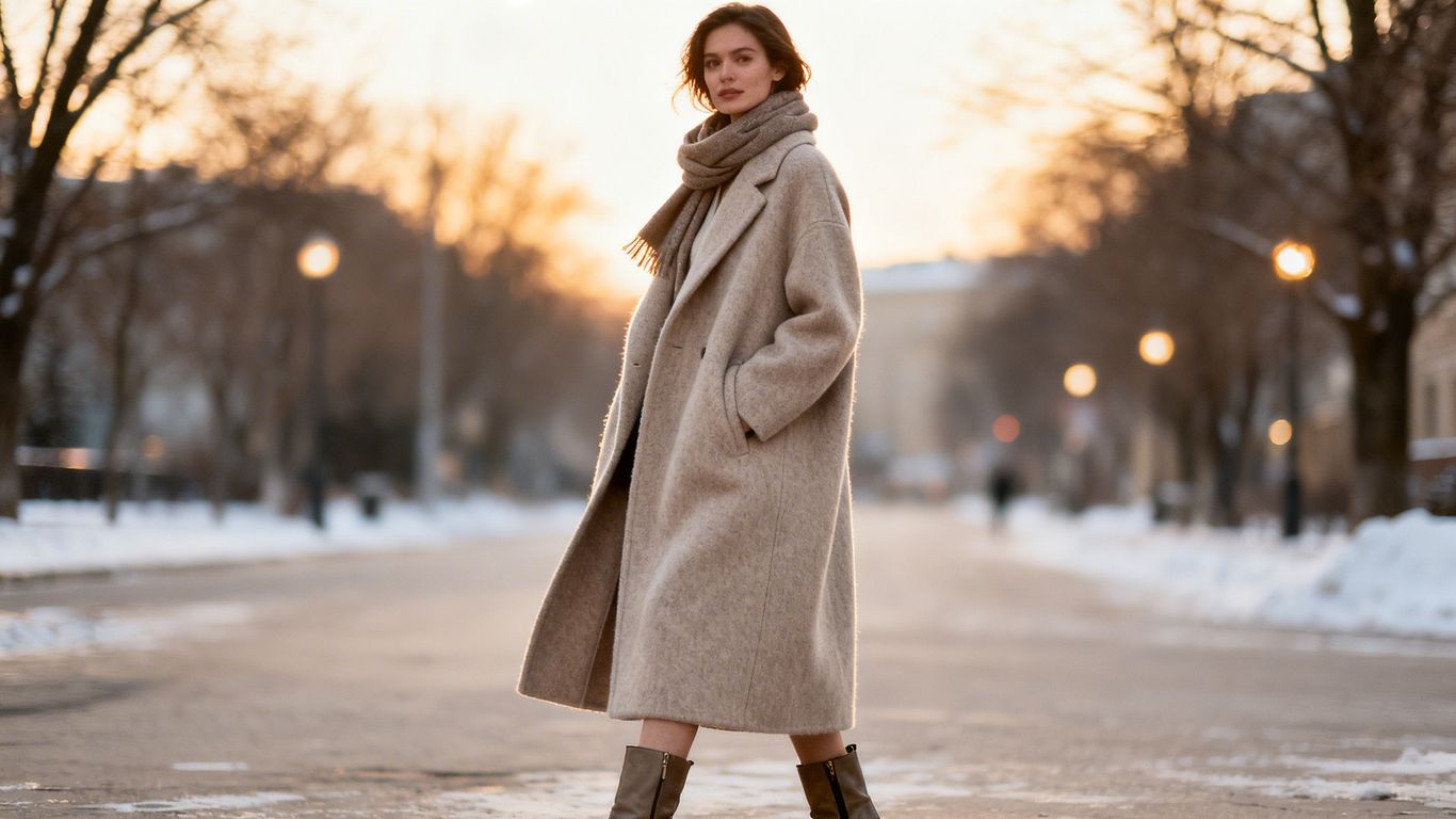Woman in stylish winter coat on a city street.