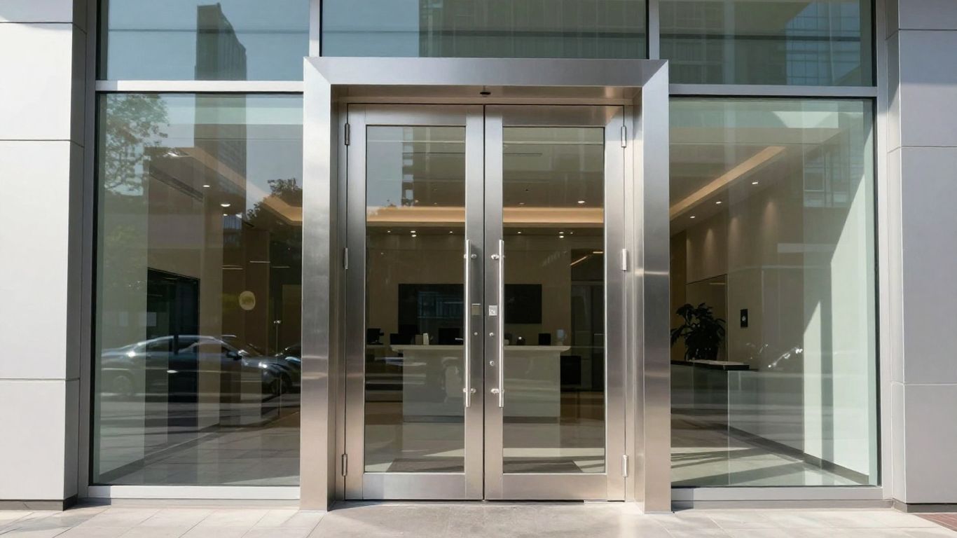 Commercial aluminium doors on a building facade.