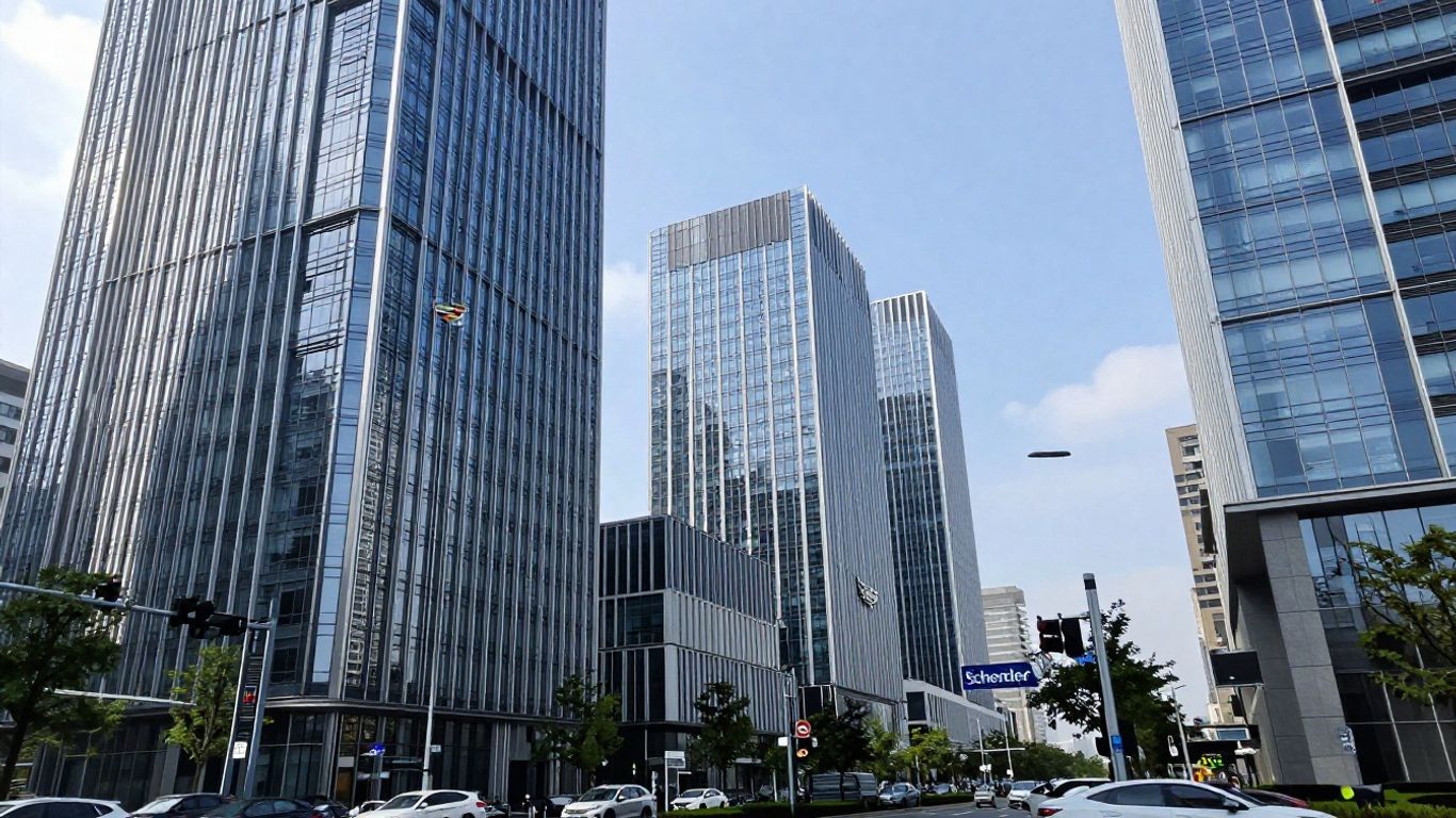 Modern cityscape with Cadillac and Schneider Electric logos.