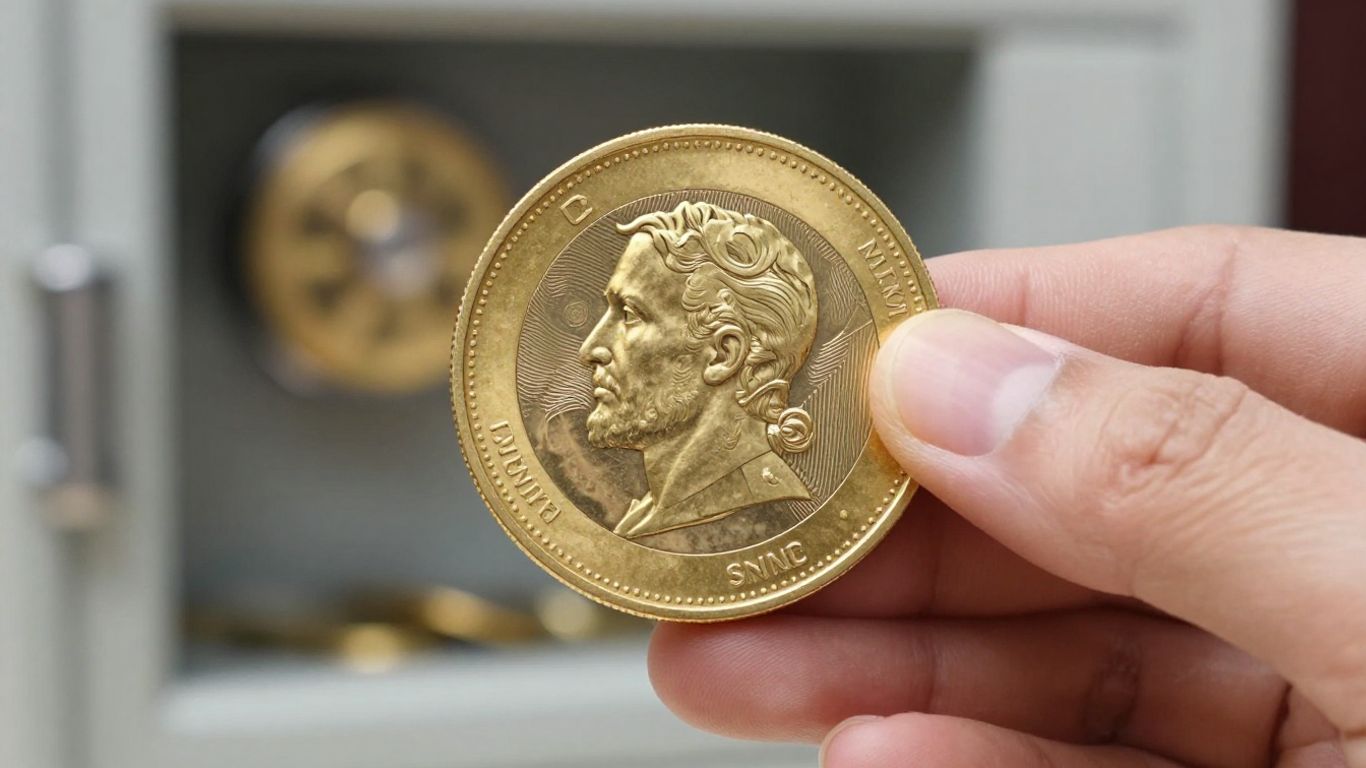 金色的手拿着一枚闪闪发光的金币。