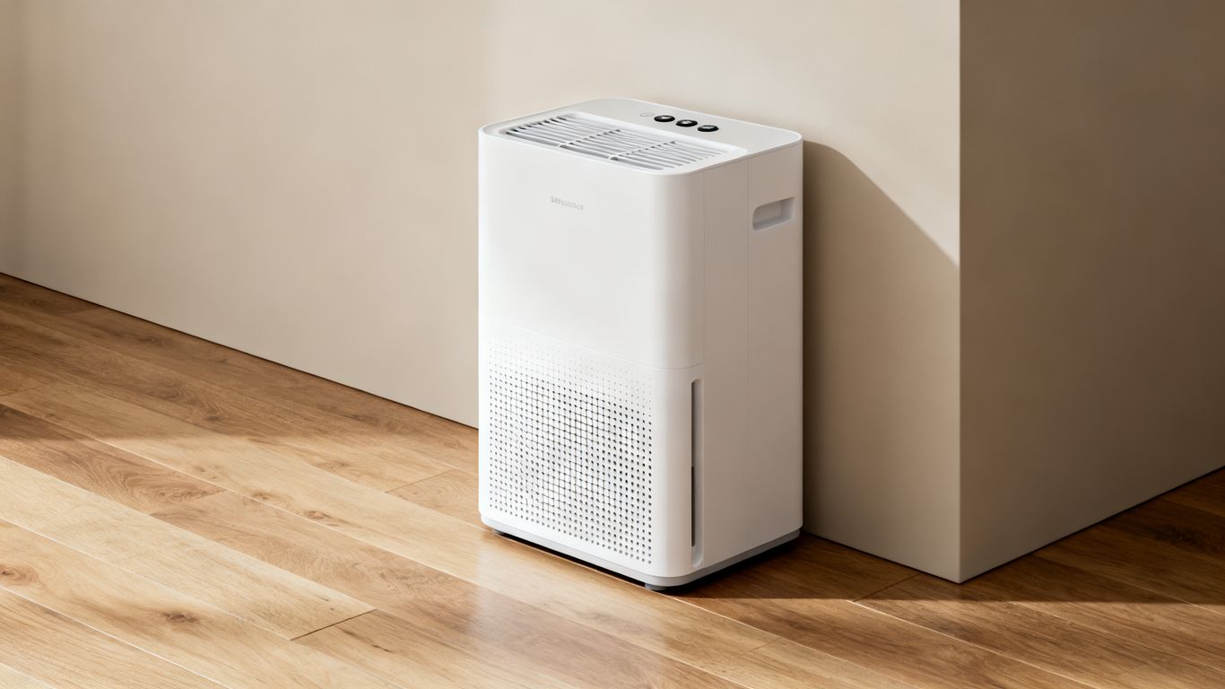 A clean white dehumidifier placed in a living area