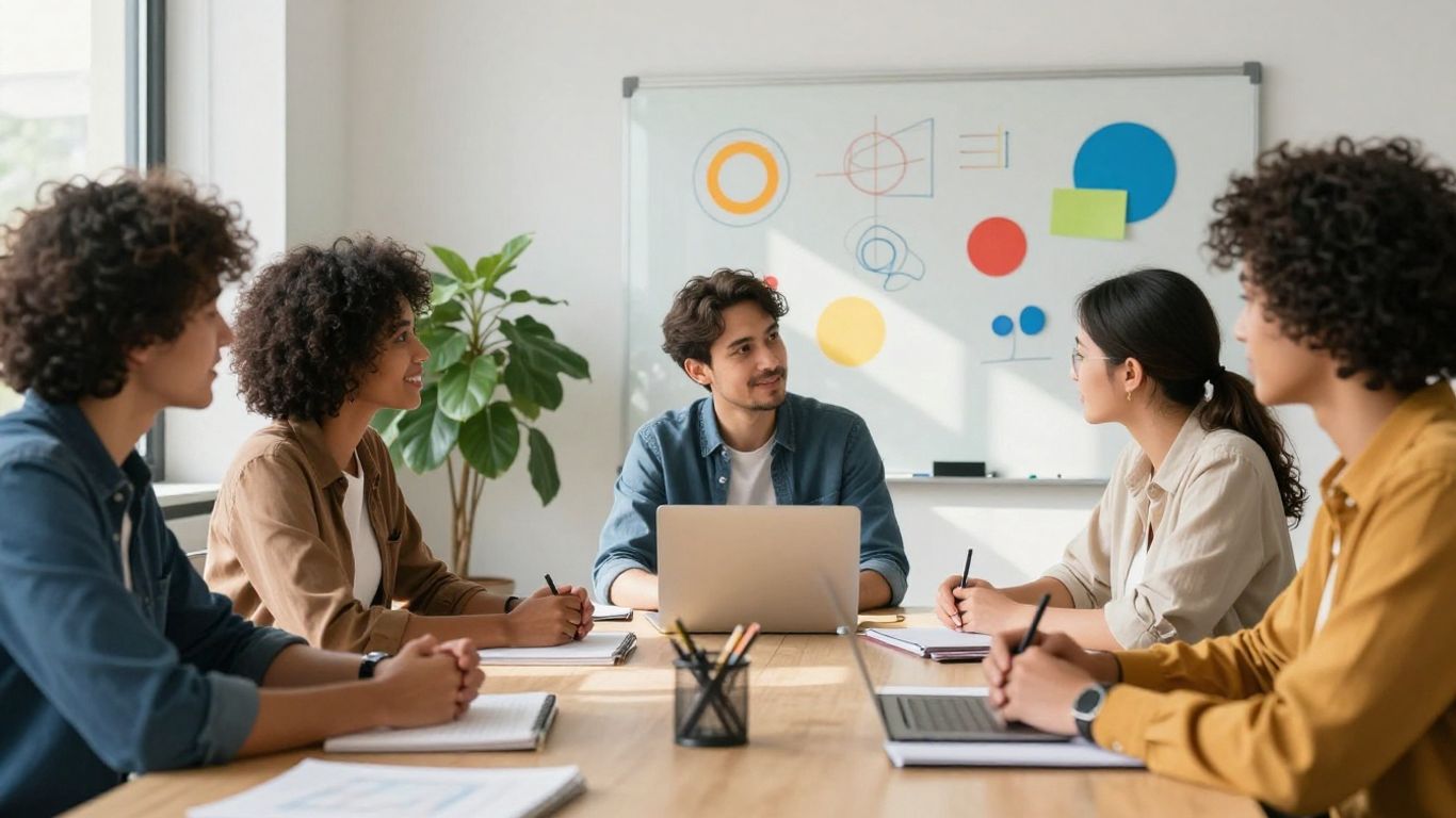 Diverse team collaborating in a bright, modern office.