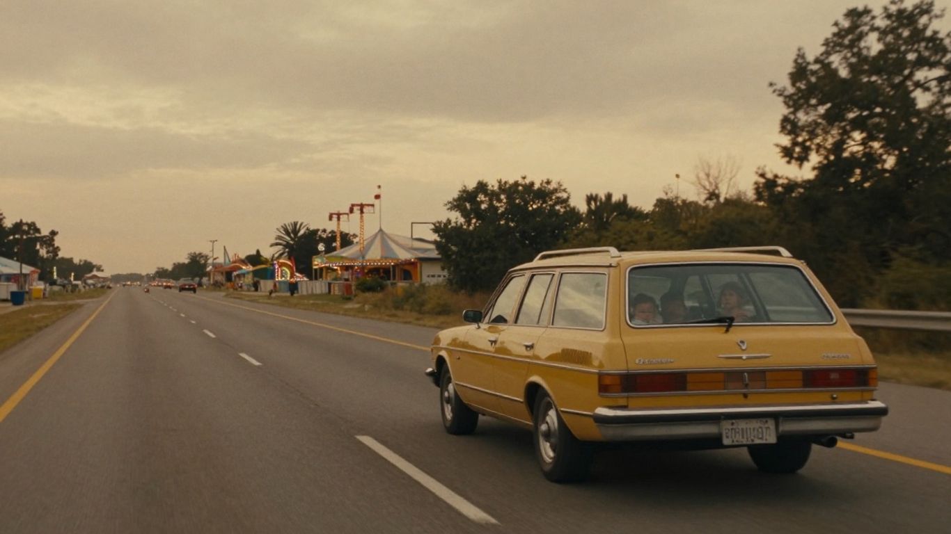 Vintage family road trip through American landscape