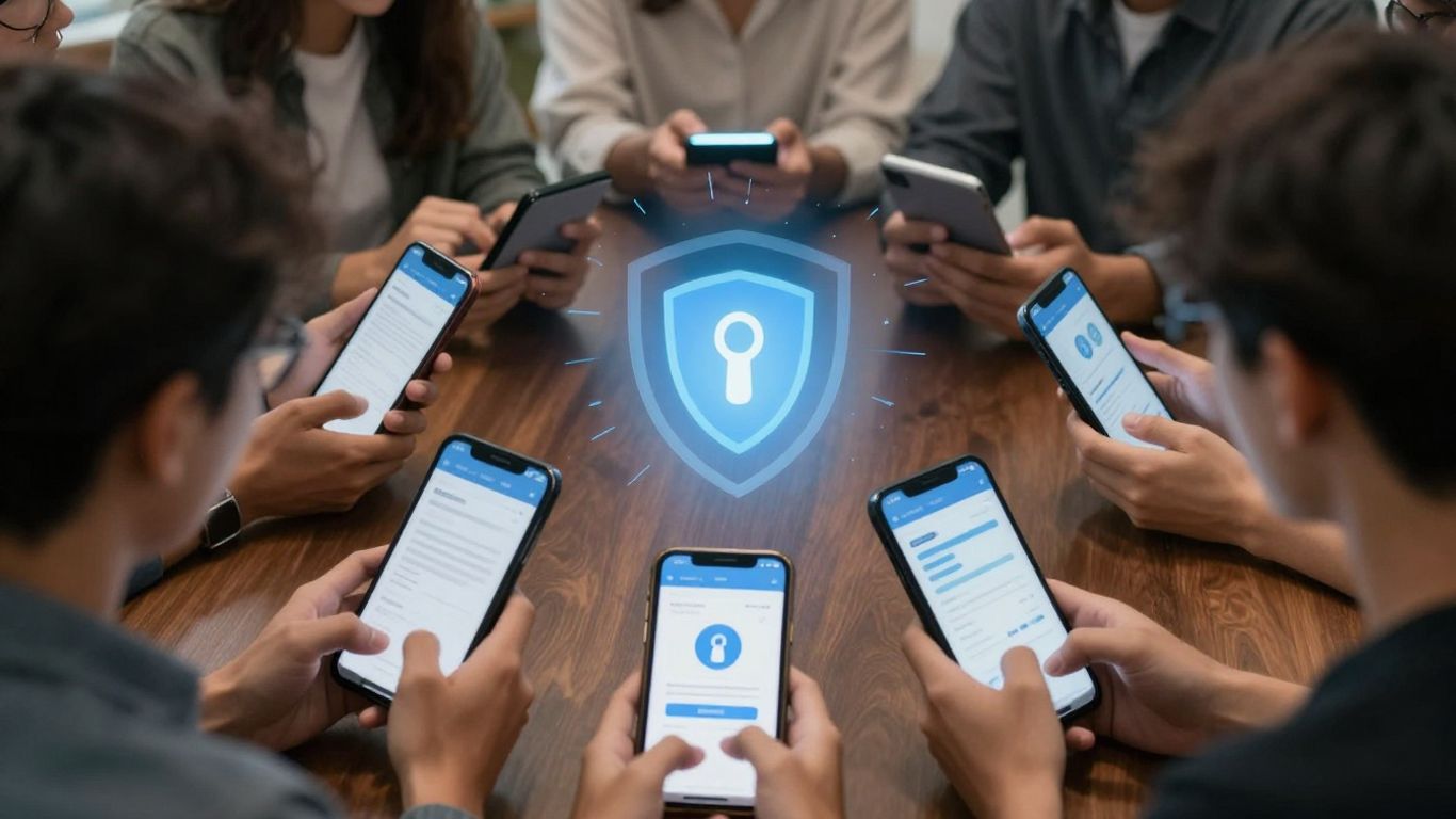 People using devices with security layers protecting them.